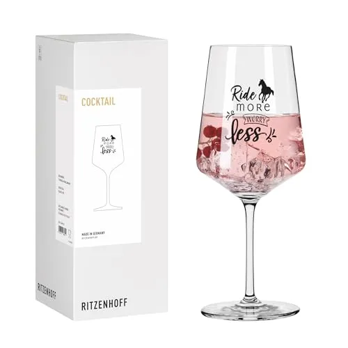 RITZENHOFF 8084003 Cocktail-Glas 500 ml, Serie Reitgold - mit Spruch Ride more, worry less, Pferd schwarz - Made in Germany