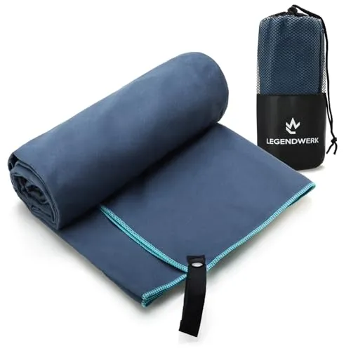 Produktbild Legendwerk® Mikrofaser-Handtuch DUNKELBLAU 160x80 cm – schnelltrocknendes Sporttuch für Männer – ideal fürs Fitnessstudio, Schwimmen & Reisen – mit Schlaufe & Aufbewahrungsbeutel
