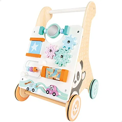 ColorBaby WOOMAX 49320 - Lauflernwagen aus Holz, Spielzeugwagen mit Spielaktivitäten und Spiegel, +12 Monate