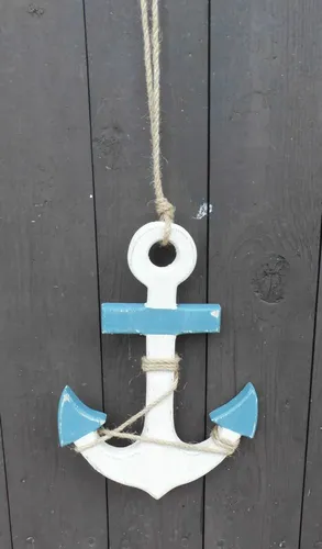 Maritime Deko Anker a. Holz m. Seil blau-weiss Meer Küste 23 cm