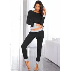 Pyjama VIVANCE DREAMS, Damen, Gr. 36/38, schwarz (schwarz, gepunktet), Single Jersey, Obermaterial: 98% Baumwolle, 2% Polyester, unifarben, Basic, Basic lang, Rundhals, Bündchen, Homewear-Sets Pyjama, mit Pünktchen- und Streifenmuster