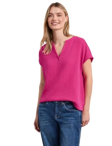 Street One Damen Blusenshirt aus Musselin-Qualität - Leichtes Sommerblusenshirt mit Split Neck und dropped Shoulders, ideal für warme Tage und aus reiner Baumwolle gefertigt.