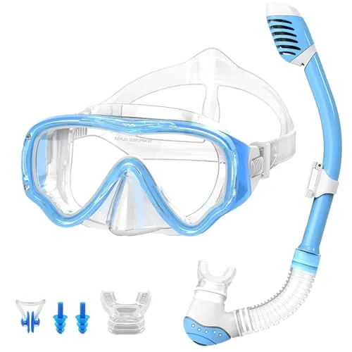 VILISUN Taucherbrille mit Schnorchel Anti-Leck Anti-Fog Schnorchelset Tauchset aus Gehärtetem Glas, ideal für Tauchen, Schnorcheln und Schwimmen, Blau Set (Kinder)