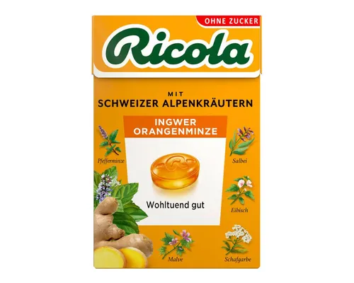 RICOLA Süßigkeit, Ricola Ingwer Orangenminze mit Schweizer Alpenkräutern ohne Zucker 50g