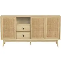 Sideboard mit echtem Rattan und Massivholzfüßen – 155x38x80 cm - Platzsparendes Sideboard mit 3 Schiebetüren und 2 Schubladen. Ideal für Wohnzimmer, Esszimmer oder Flur, vereint dekorativen Stil mit praktischer Aufbewahrung. Hochwertige Materialien sorgen für Langlebigkeit.