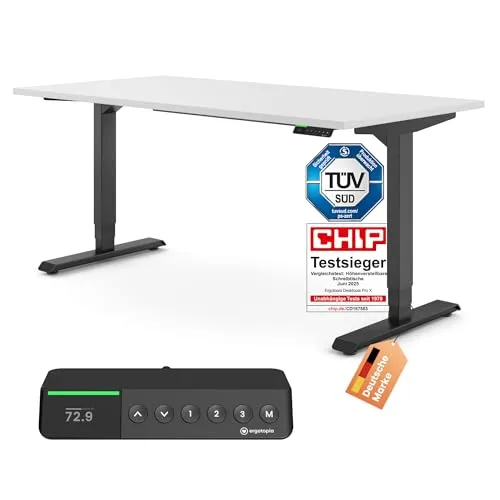 Ergotopia Desktopia Pro X Elektrisch höhenverstellbarer Schreibtisch – Ergonomischer Stehtisch für Büro oder Home Office (Weiß, Gestell Schwarz, 120 x 80 cm) - Ergonomischer Stehtisch mit stufenloser Höhenverstellung von 62,5 bis 125 cm. Ausgestattet mit flüsterleisen Motoren und einem innovativen Handset für individuelle Einstellungen und Bewegungserinnerungen.