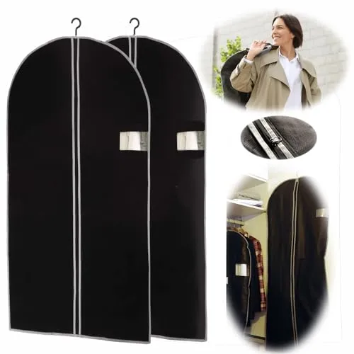 LS-LebenStil 2x Reise Kleidersack XL 150x60 cm lang Schwarz Vlies Kleiderschutzhülle Kleiderhülle Anzugsack faltbare Anzugtasche mit Reissverschluss