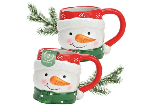 matches21 HOME & HOBBY Tasse Schneemann Weihnachts-Tassen 2er Set bunt in 10 cm, 370 ml, 2-tlg., Keramik, Kaffeetassen für Tee, Kakao & Glühwein