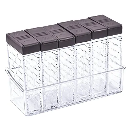 Pinsheng 6 Stück transparente Gewürzdosen, Gewürzgläser aus Kunststoff mit Tablett und doppeltem Deckel, offen, Gewürzdose für Camping, Küche, Grill