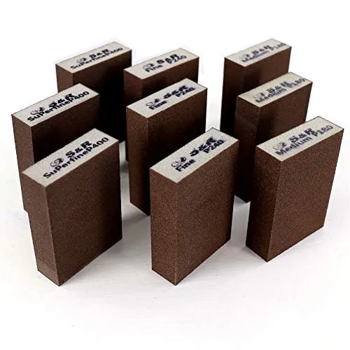 S&R Schleifschwamm-Set 9 St, 100 x 70 x 25 mm, Schleifklötze, Handschleifer, 3 Körnungen, Mittel 3X P180, Fein 3X P240, Superfein 3X P400 zum Schleifen, Polieren von Metall, Holz, Stahl, Edelstahl