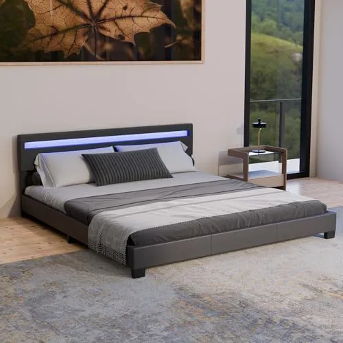 Juskys Polsterbett Paris 180x200 cm mit LED Beleuchtung - Doppelbett in stilvollem Schwarz mit 180x200 cm Liegefläche, inklusive Lattenrost und verstellbarer LED-Beleuchtung für gemütliche Nächte.