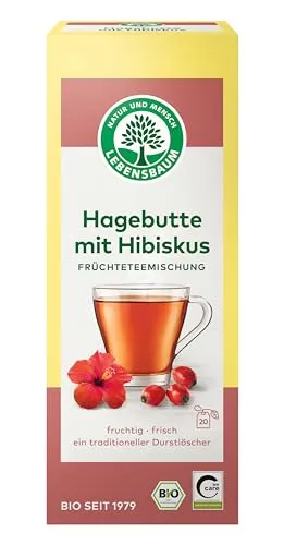 Lebensbaum Hagebutte mit Hibiskus, 20 Beutel x 2,5 g Früchtetee ohne Aromazusätze, fruchtig-frischer Geschmack, 100% Bio, Früchteteemischung