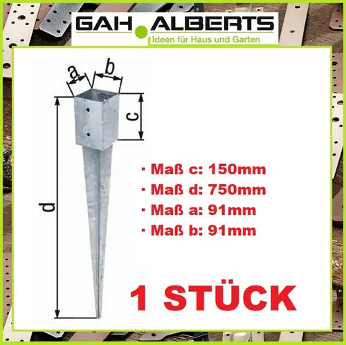 GAH Stahl Einschlagbodenhülse 91 x 91 x 150 x 750 mm für Vierkantholzpfosten