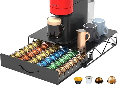 Kapselhalter für 48 Nespresso Vertuo Kapseln & Dolce Gusto, Geräuschloser Kaffeekapselspender für VertuoLine Kapseln mit Rutschfesten Füße, Metall Ständer für Nespresso Maschine