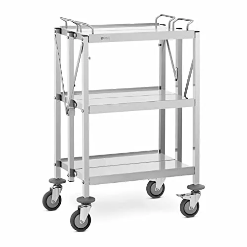 Royal Catering Servierwagen 3 Ebenen aus Edelstahl - Beistellwagen - faltbar, 90 kg Tragfähigkeit, mobil mit 4 leichtlaufenden Rädern, ideal für Gastronomie und Küche, platzsparend und robust aus hochwertigem Edelstahl.