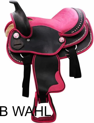AMKA Pony/Shetty Westernsattel PEDRO in  pink mit Strasssteinen Steigbügel und Riemen, 10zoll BWAHL
