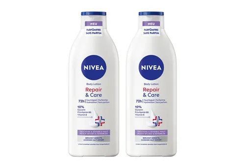 Nivea Repair & Care Parfümfrei 2 x 400ml - Körperlotion für trockene und sensible Haut, spendet 72 Stunden Feuchtigkeit und beruhigt sofort gereizte Haut. Ideal für eine gesund aussehende Haut.