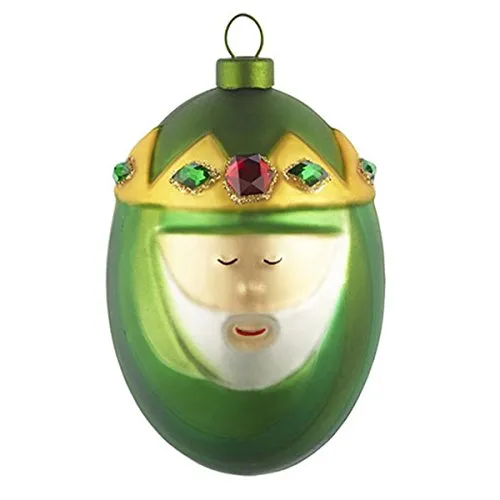 Alessi Heilig König Melchior Weihnachtskugel - Handdekorierte, mundgeblasene Glaskugel in Grün. Originelles Design von Alessi, ideal für festliche Dekoration. Größe: D: 9 cm, H: 12 cm, B: 8,5 cm.