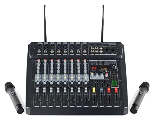 Pronomic Powermake 800 Powermischer - 8-Kanal-Mischpult mit 760 Watt RMS, inkl. 2 UHF-Funkmikrofonen und 24Bit Multi-Effekt-Prozessor für professionelle Soundqualität und vielseitige Einsatzmöglichkeiten.