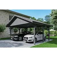 Doppelcarport SKAN HOLZ Wallgau mit Dachlattung und H-Pfostenanker - Robuster Doppelcarport aus Holz mit Satteldach in Grau, ideal für den Schutz von zwei Fahrzeugen und langlebigen Einsatz im Garten.