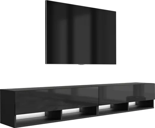 TV-Lowboard 200 (2 x 100) cm Mattschwarz / Hochglanzschwarz, weiße LED, 200 × 32 × 34 cm