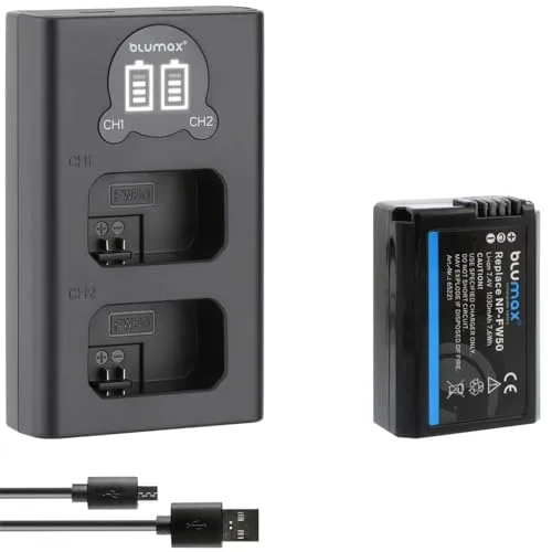 Blumax Akku kompatibel mit Sony NP-FW50 [ 1030mAh ] + Slim Dual Charger für Alpha 7 7II 7R 7S II 6300 6500 / NEX-7 NEX-F3 / DSC RX10 IV // ZV-E10