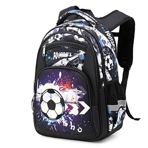 Cusangel Schulrucksack für jungen,kinderrucksäcke mit Brustgurt kinder,Grosse Kapazität Grundschulrucksack,Rucksack,ab der 1-7.Klasse mädchen (16 Zoll Schwarzer Fußball)