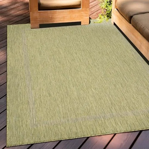 Teppium Outdoor Teppich Wetterfest 140 x 200 cm Grün Sisal Optik - Küchenteppich Waschbar rutschfest, Wasserfest, Bordüre, Pflegeleicht - Ideal für Balkon, Terassen, Garten, Camping oder Küche