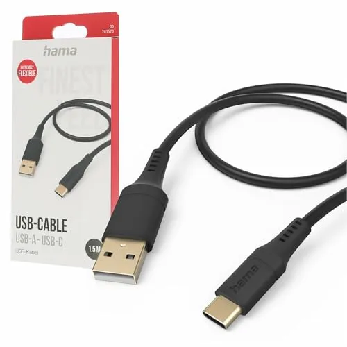 Hama Ladekabel „Flexible“ USB A auf USB C, Silikon, 1,5m (Schnellladung, Handy Ladekabel, Datenkabel, USB Kabel, Handykabel, USB Typ A, Knickschutz, flexibel, vergoldet, maximal kompatibel) schwarz