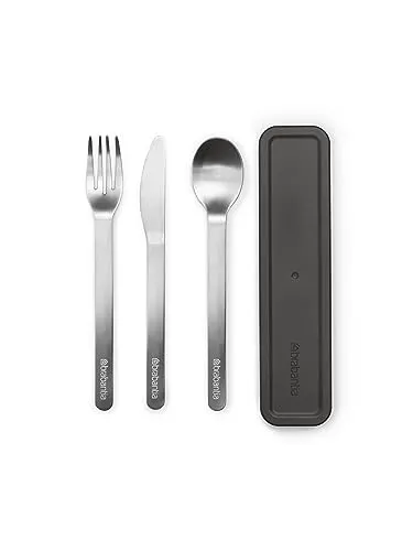 Brabantia - Make & Take Besteck-Set mit Etui - 3er-Set: Messer, Löffel & Gabel - Hygienisches, Kompaktes Design - Edelstahl - Spülmaschinenfest - Reisebesteck für 1 Person - Dark Grey