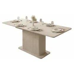 Ausziehbarer Esstisch Lante 160-200 cm – Beige/Kaschmir mit Säulenfuß - Moderner Esstisch Lante in Beige mit Ausziehfunktion. Ideal für Familienfeiern, lässt sich von 160 cm auf 200 cm erweitern. Der stilvolle Säulenfuß bietet Beinfreiheit und setzt Design-Akzente.