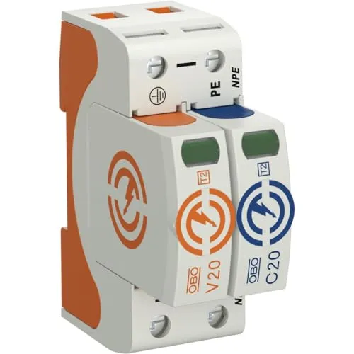 OBO Bettermann Überspannungsableiter V20, 1-polig+NPE 280 V - Typ 2 Überspannungsableiter mit einem Ableitvermögen von bis zu 40 kA, ideal für den effektiven Schutz von elektrischen Anlagen und Geräten.