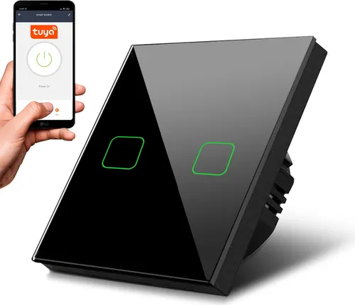 Smart WiFi Touch Lichtschalter 2-Fach mit Tuya App - Moderner 2-fach Lichtschalter mit Touch-Steuerung und App-Kompatibilität. Farbwechselnde LED-Hintergrundbeleuchtung für einfache Bedienung auch bei Nacht. Hochwertige Verarbeitung aus gehärtetem Glas, geeignet für alle Lichtquellen bis 1000W.