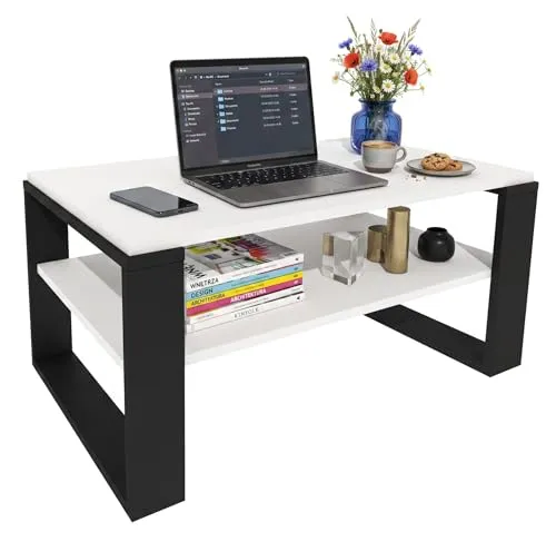 möbelkap Couchtisch 91×51 cm – Moderner Wohnzimmertisch mit Ablagefläche in Weiß/Schwarz