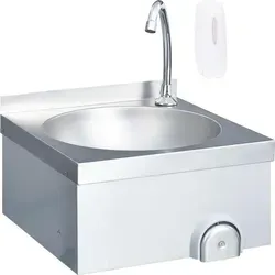 vidaXL Handwaschbecken mit Wasserhahn und Seifenspender - Edelstahl Silber - Seifenspender für gewerbliche und private Küchen, aus strapazierfähigem Edelstahl, inklusive Warm- und Kaltwasserhahn, hygienische Knie-Bedienung, ideal für Gastronomie und Werkstätten.
