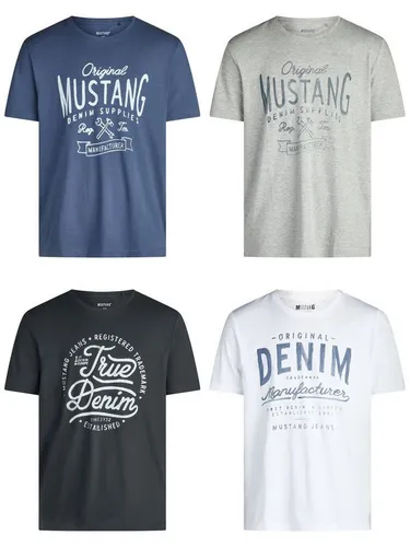 MUSTANG T-Shirt Herren Printshirt 4er Pack Set Regular Fit (Vorteilspack, 4-tlg) Kurzarm Sommer Tee Shirt mit Rundhalsausschnitt aus 100% Baumwolle