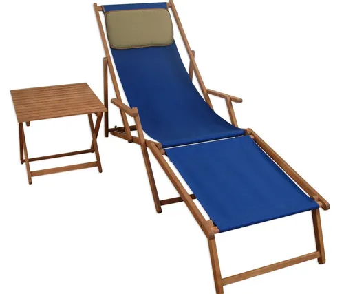 ERST-HOLZ Gartenliege Liegestuhl blau Fußablage Tisch Kissen Deckchair Sonnenliege