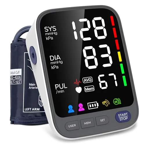 WAJ Blutdruckmessgerät, Blutdruckmessgerät Oberarm mit großer Manschette (22-42 cm) für zu Hause | Extra großes 6,4-Zoll-LED-Display | Arrhythmie-Erkennung | 2×120 Speicherplätze | Pulsmessung
