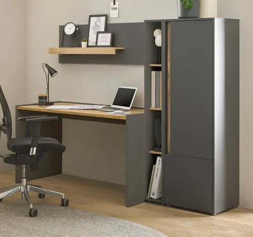 Furn.Design Büromöbel Set in grau matt und Wotan Eiche - Elegantes Büromöbel Set für das wohnliche Homeoffice, mit großem Schreibtisch und vielseitig kombinierbaren Regalen, pflegeleichte Oberflächen und FSC®-zertifiziertem Holzwerkstoff.