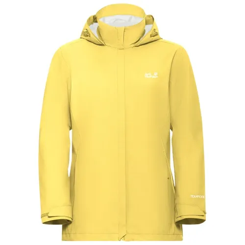 Jack Wolfskin Trailtime Regenjacke Damen, 2-Lagen, Wasserdicht, Größe L, Gelb - Die TRAILTIME 2L JACKET bietet zuverlässigen Wetterschutz für Outdoor-Aktivitäten. Mit atmungsaktiver TEXAPORE CORE Membran und Fair-Wear-Zertifizierung ist sie ideal für wechselhaftes Wetter in den Bergen.