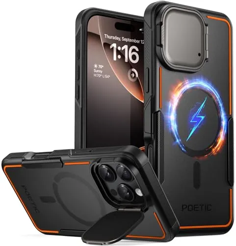 POETIC Neon Hülle Kompatibel mit iPhone 16 Pro Max, [Eingebaute Kamera-Abdeckung Ständer] [Kompatibel mit MagSafe] Dual Layer Slim Stoßfest Schutzhülle Schwarz