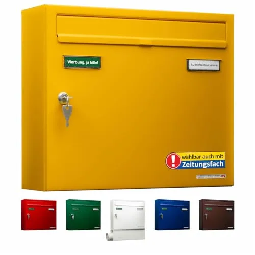 AL Briefkasten Systeme Basic 1er Briefkasten in RAL 1003 Signal Gelb - Wandbriefkasten DIN A4, wetterfest und rostfrei, mit Lebenslang-Garantie gegen Durchrostung und 2 Namensschildern für individuelle Beschriftung.