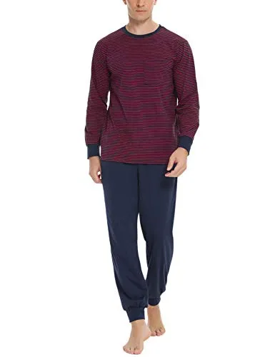 Sykooria Herren Schlafanzug lang mit Bündchen aus Baumwolle Zweiteiliger Pyjama Herren lang, Langarm Shirt & Schlafanzughose