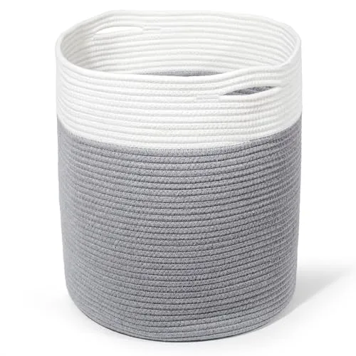 SYLANDO D34*H40cm Waschekorb aus Baumwolle mit Griffen, 32L Aufbewahrungskorb Geflochten, Laundry Baskets, Korb Aufbewahrung für decken, spielzeug, kuscheltier,Kleidung (Grau-H40)