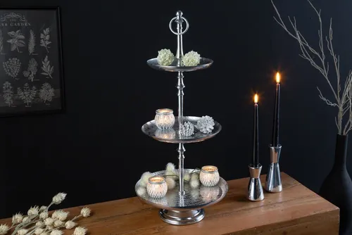 riess-ambiente Dekoetagere ORIENT 50cm silber - Dekoschalen: Elegante 3-stöckige Etagere aus hochwertiger Metall-Aluminium-Legierung, handgefertigt mit einzigartigem Hammerschlag-Design – ein echter Eyecatcher für jedes Zuhause!