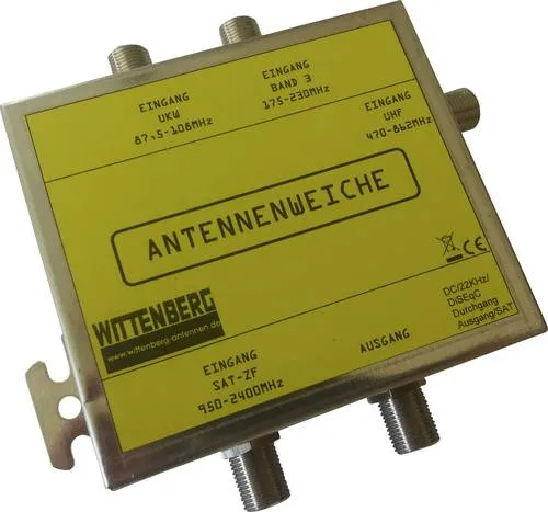 WIT K-103109 - 4 in 1 Antennenweiche für UKW, DAB+, UHF, SAT - Außenantennen, vielseitige 4 in 1 Antennenweiche für UKW, DAB+, UHF und SAT mit robustem Metallgehäuse und F-Norm Anschlüssen, ideal für optimalen Empfang.