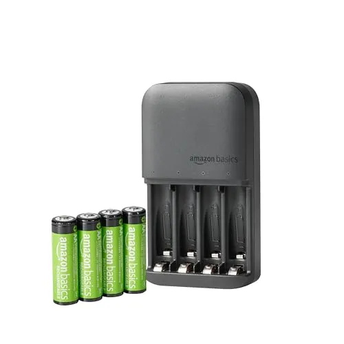 Amazon Basics AA NiMh Batterien, wiederaufladbar, mit Batterieladegerät für 4 Batterien, EU-Stecker, 4 Stück, Schwarz