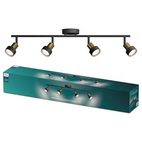 Philips Conduit Deckenstrahler GU10 Schwarz, Gold - Eleganter Deckenstrahler in Schwarz und Gold, ideal für stilvolle Akzentbeleuchtung. Flexibel dank beweglicher Spotköpfe und geeignet für GU10 Leuchtmittel bis 35W.