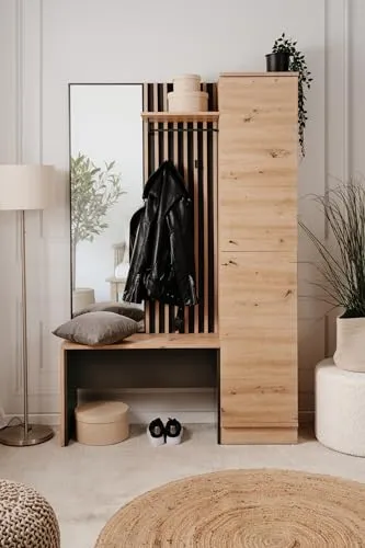 möbelando Kompaktgarderobe Medan in Artisan Oak/Anthrazit - 122x190x37cm - Moderne Kompaktgarderobe mit 2 Türen, Spiegel und praktischer Hutablage. Ideal für kleine Flure und sorgt für Ordnung und Stil in Ihrem Eingangsbereich.