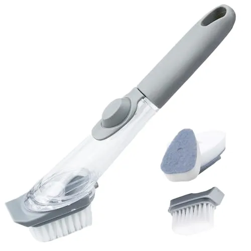 GZDAOXIA Spülbürste mit Spülmittelspender, Geschirrbürste mit 3 Bürstenköpfen, Multifunktionale Küchenbürste für Geschirr, Abwaschbürste Grau, für Topf, Pfanne, Spüle Reinigung